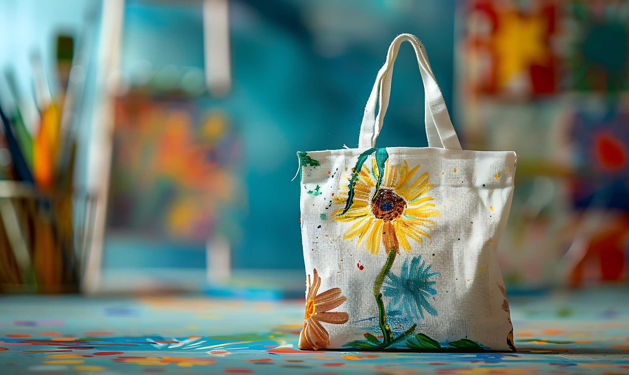 White cotton bag with flower on a stone in the garden.